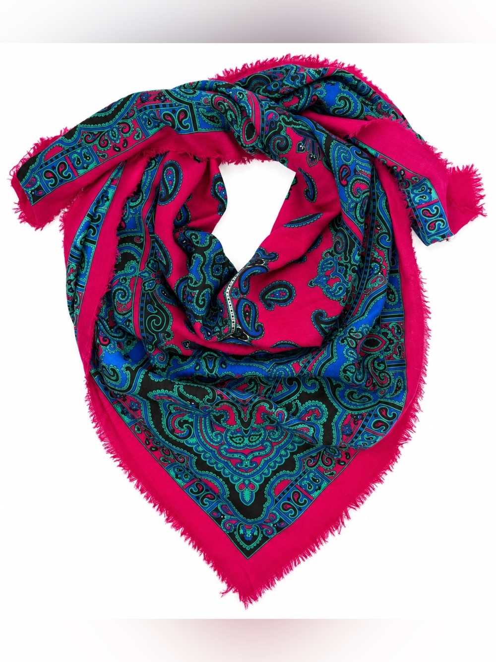 100% Wool Paisley Scarf Fuchsia Blue Green 42x44 Square Fringe